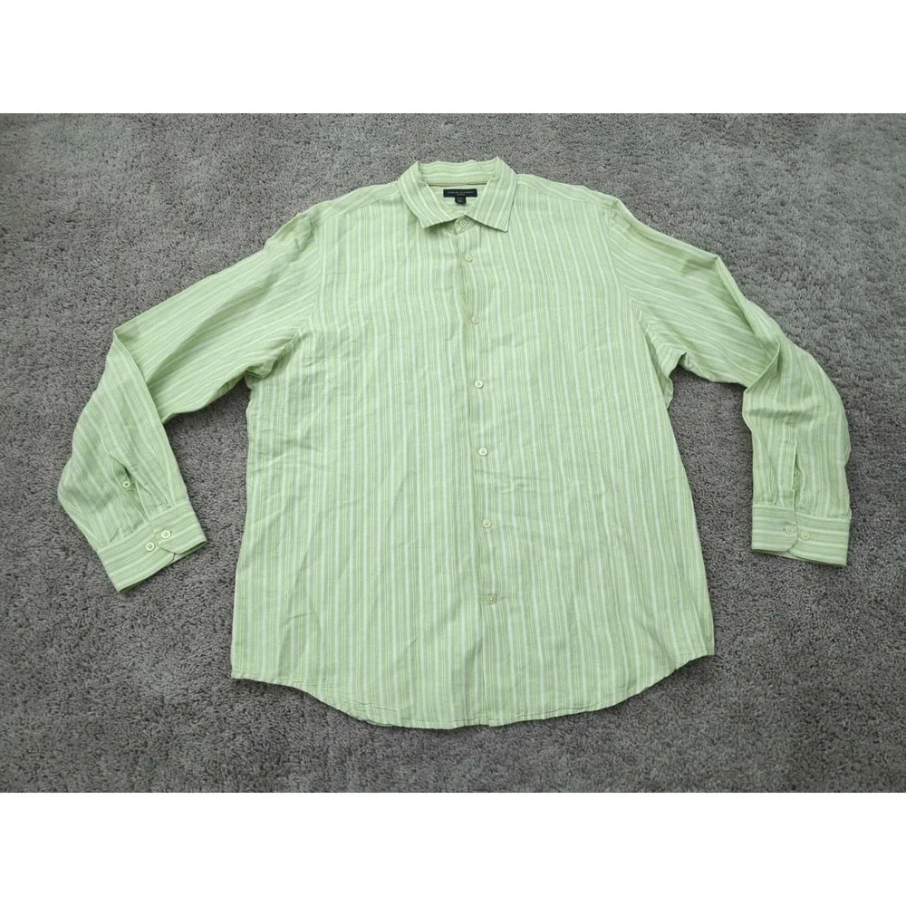 Banana Republic‎ Button Up Shirt Mens 18-18.5 Green Striped 58% Linen Classic
